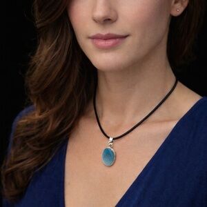 Teal Blue Green Botswana Agate 925 overlay organza gift bag satin cord necklace